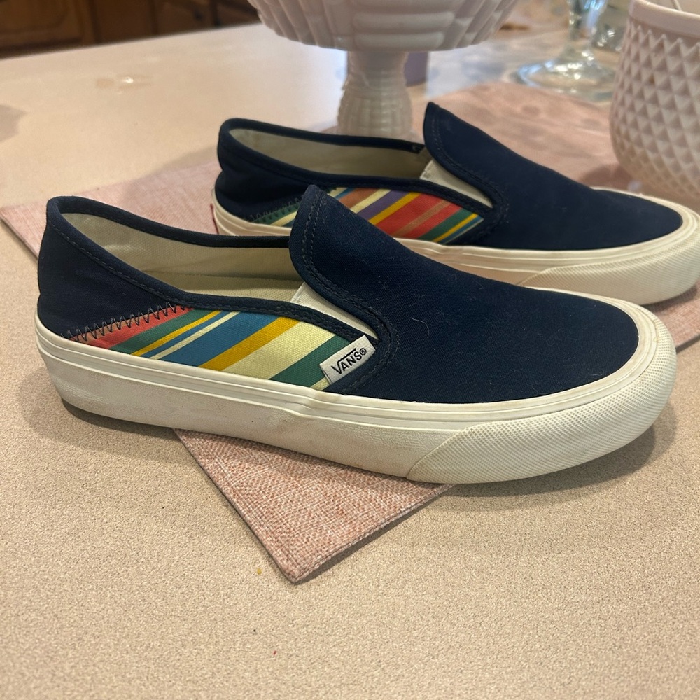 Vans Dark Blue Slip-On Shoes with Colorful Stripes
